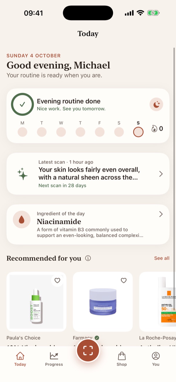 Journey's Today screen with the evening routine, latest scan and ingredient of the day